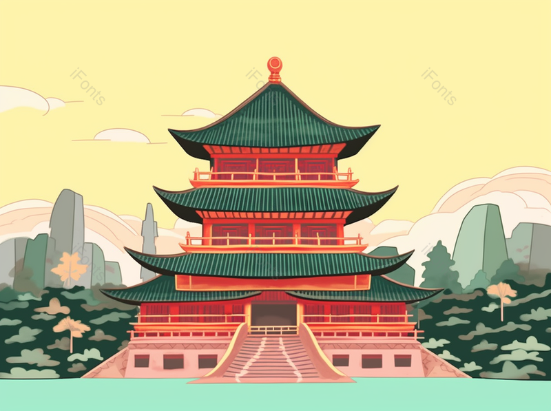 传统的古建筑国潮中国风建筑插画背景,插画/手绘图,插画/手绘图库,插画/手绘图下载,插画/手绘